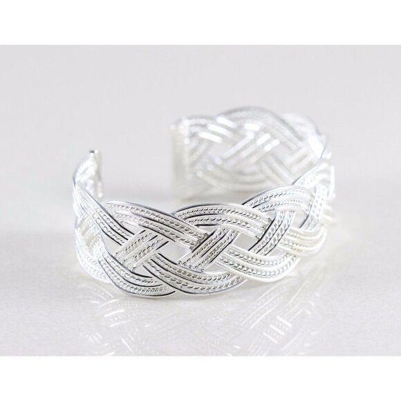 Sterling Silver Cuff Bracelet Large Braided Weave Cuff 7 1/2 Inch Adjustable - Picture 3 of 6